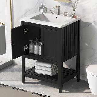 24" Black Bathroom Vanity with Ceramic Sink, Open Shelf - Bed Bath ...